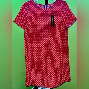 🆕 Paris Sunday Women's Blue Dress With A Red & Pink Scalloped Pattern-Sz Small